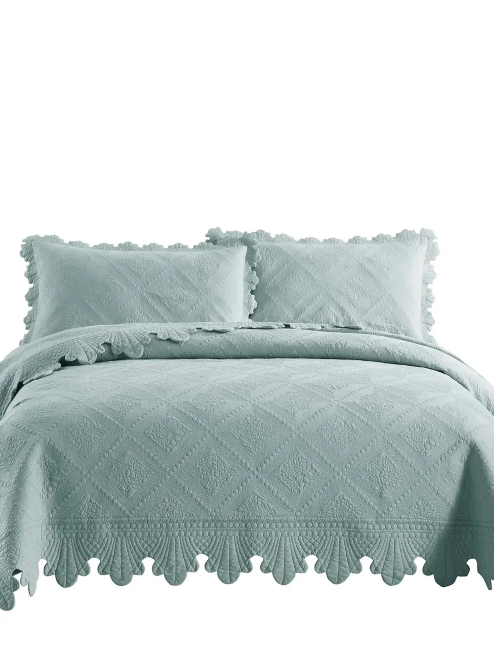 Light Blue Quilted Cotton king 3 piece Bedspread Set with Scalloped Edging